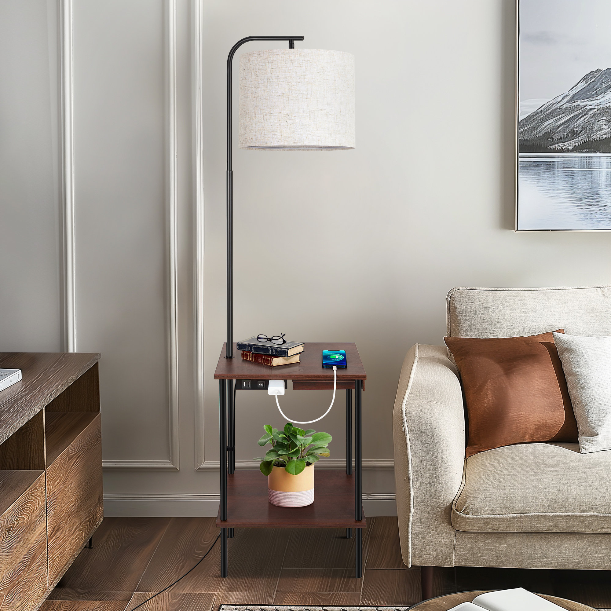 Ebern Designs Zulfa 62" Dimmable Table Floor Lamp with USB & Type-C Port, End Table with Lamp ...